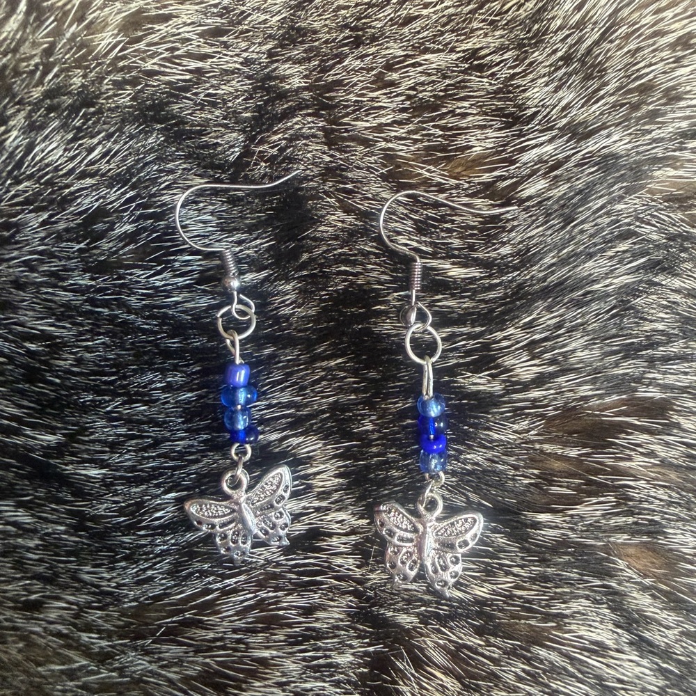 Silver Butterfly Earrings with Blue Beads